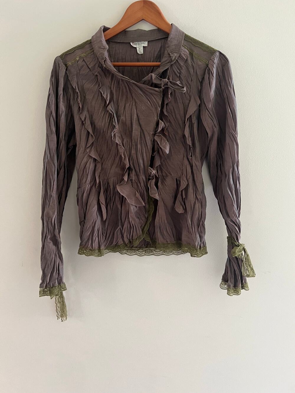 Anne Giorgio Crinkle Tie Up Dress Shirt Asymmetrical Gray Size Medium JL